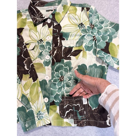 Women Chicos Size 3 Green Long Sleeves Down Bottom With Pockets Chore Jacket - Picture 7 of 15